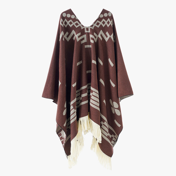 Damen Oversize Poncho im Boho‑Stil mit V‑Ausschnitt, Jacquard‑Muster und langen Fransen – Avérine