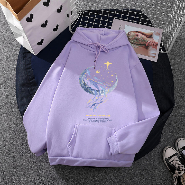 Damen Kapuzenpullover mit Mond‑und‑Wal-Illustration, Oversize-Schnitt und Kängurutasche – Auréline