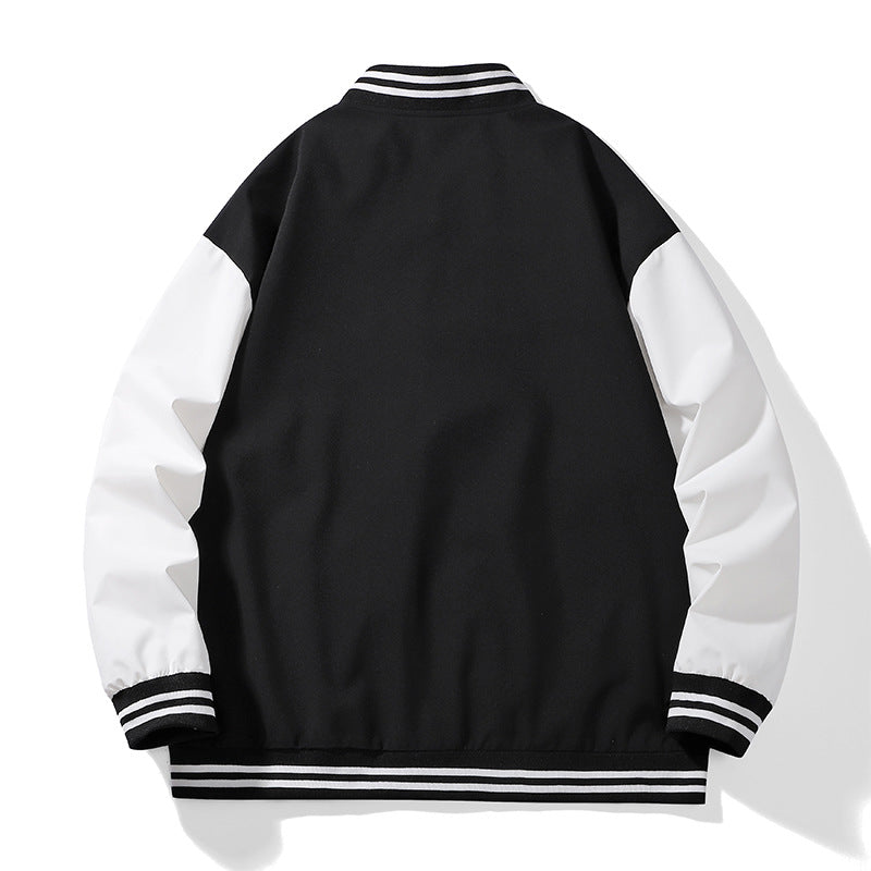 Unisex College Varsity Bomberjacke mit kontrastierenden Ärmeln, gestreiften Rippbündchen und Druckknopfverschluss – Brevano