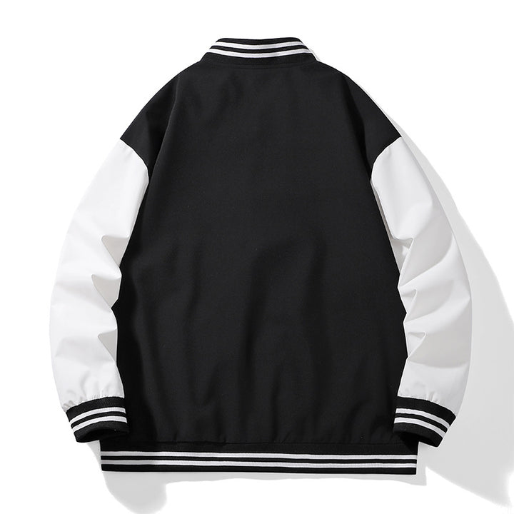 Unisex College Varsity Bomberjacke mit kontrastierenden Ärmeln, gestreiften Rippbündchen und Druckknopfverschluss – Brevano