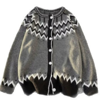 Damen Norweger-Cardigan im Oversize-Schnitt mit Rundhalsausschnitt und Kontrastknopfleiste Echoarchiv