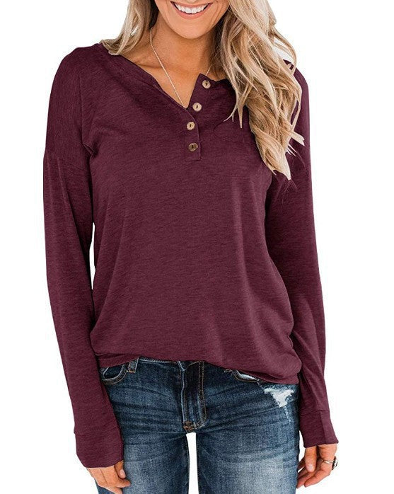 Damen modisches Langarm-Henley-Shirt mit Knopfleiste Echoarchiv