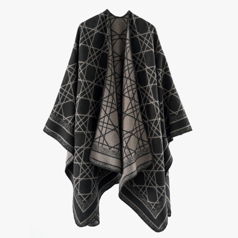 Damen Wendbarer Jacquard-Capeponcho mit geometrischem Allovermuster und offenem Kimono-Fall – Célinea