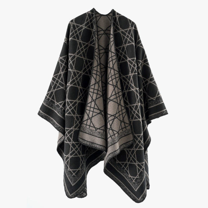 Damen Wendbarer Jacquard-Capeponcho mit geometrischem Allovermuster und offenem Kimono-Fall – Célinea