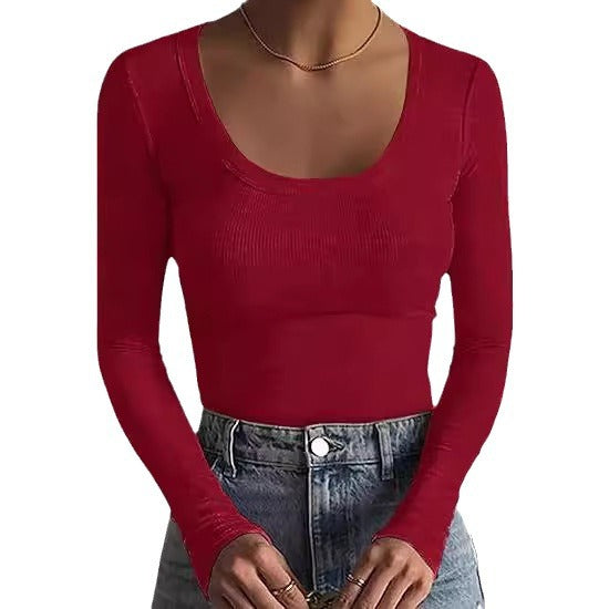 Damen Schmal geschnittenes Langarm-Feinstricktop mit weitem U-Ausschnitt Echo Archiv