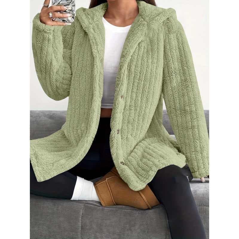 Damen Kapuzen-Teddy-Mantel mit Knopfleiste und Oversize-Schnitt Echo Archiv