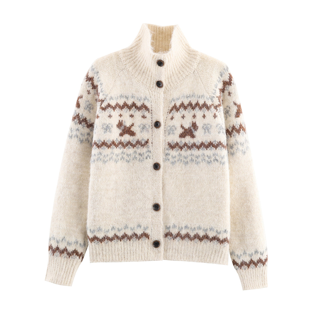 Damen Strick-Cardigan mit Norwegermuster und hohem Rollkragen Echoarchiv