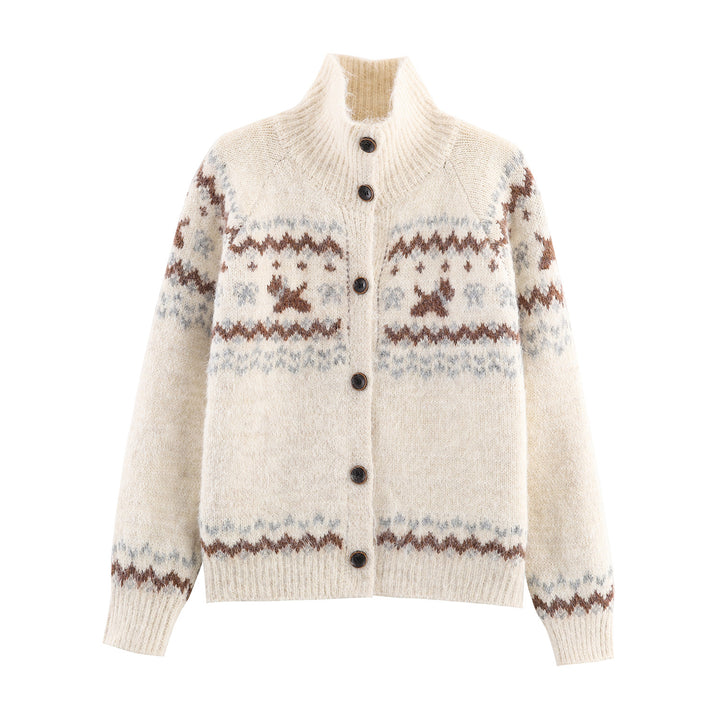 Damen Strick-Cardigan mit Norwegermuster und hohem Rollkragen Echoarchiv