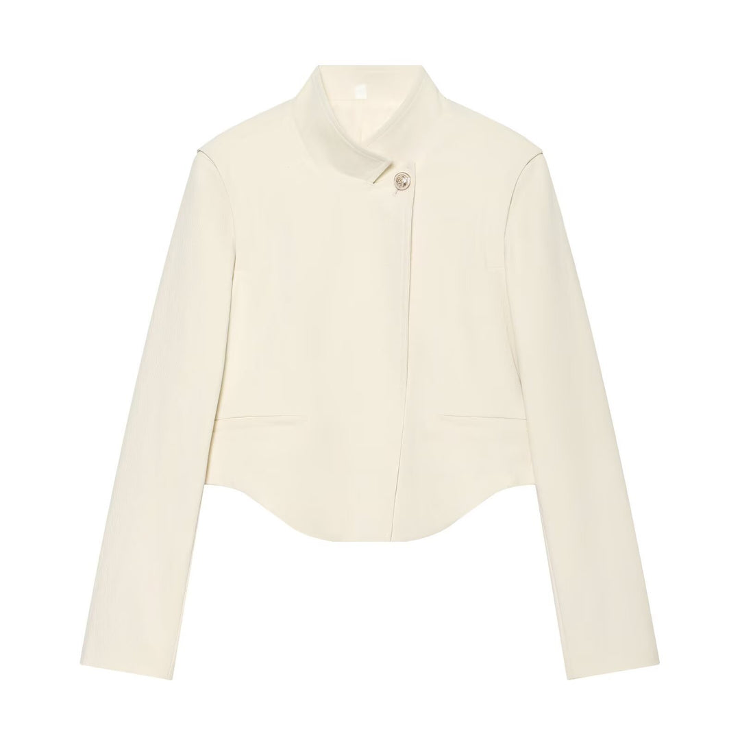 Damen Kurze Tailleurjacke mit Stehkragen, asymmetrischem Saum und Nahttaschen Echo Archiv