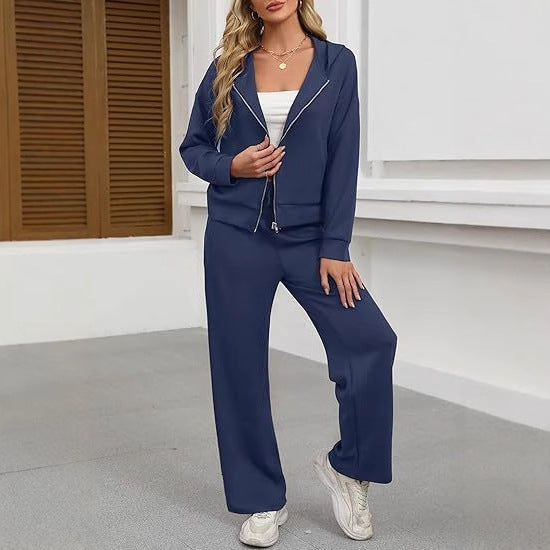 Damen nan Casual-Lounge-Set mit taillierter Zip-Kapuzenjacke, Kordelzug und weitem Palazzo-Jogger Echo Archiv