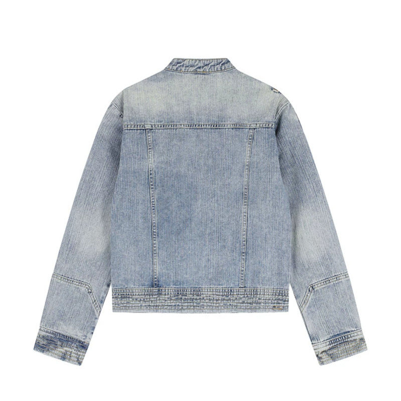 Damen asymmetrische Jeansjacke im Bikerstil mit Stehkragen und diagonalem Reißverschluss Echoarchiv