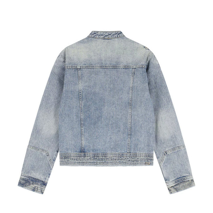 Damen asymmetrische Jeansjacke im Bikerstil mit Stehkragen und diagonalem Reißverschluss Echoarchiv