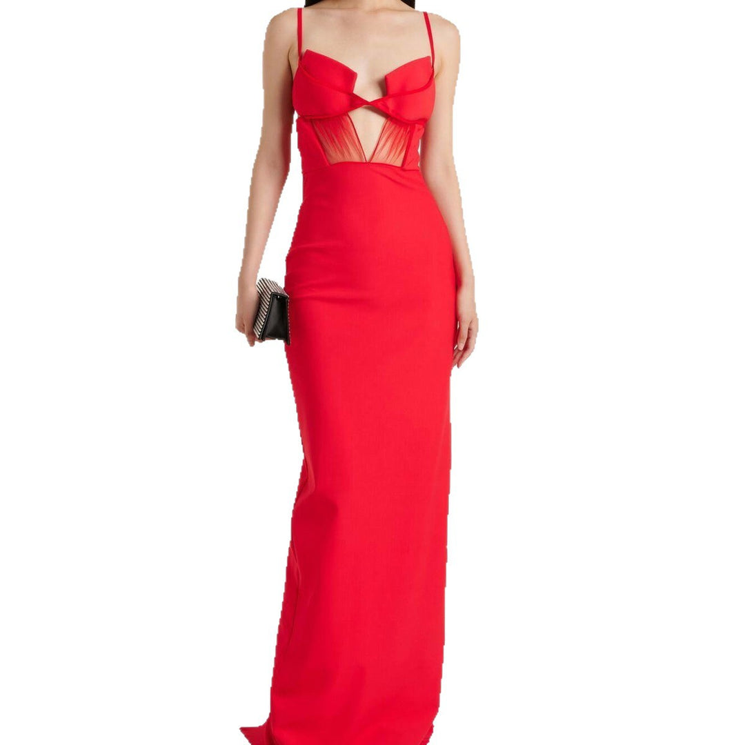 Damen Glamouröses Abendkleid mit tiefem V-Ausschnitt und verführerischen Netzdetails Echo Archiv