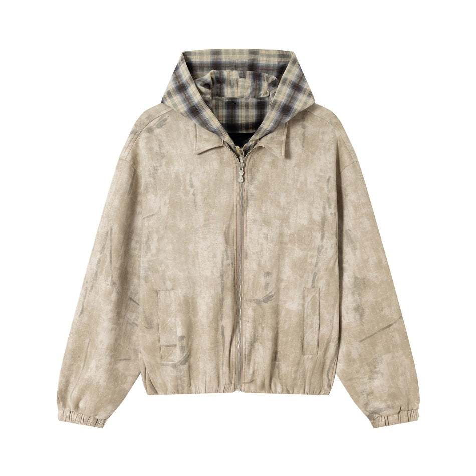 Unisex Kurz geschnittene Boxy‑Jacke aus Wildlederoptik mit kariert gefütterter Kapuze Echoarchiv