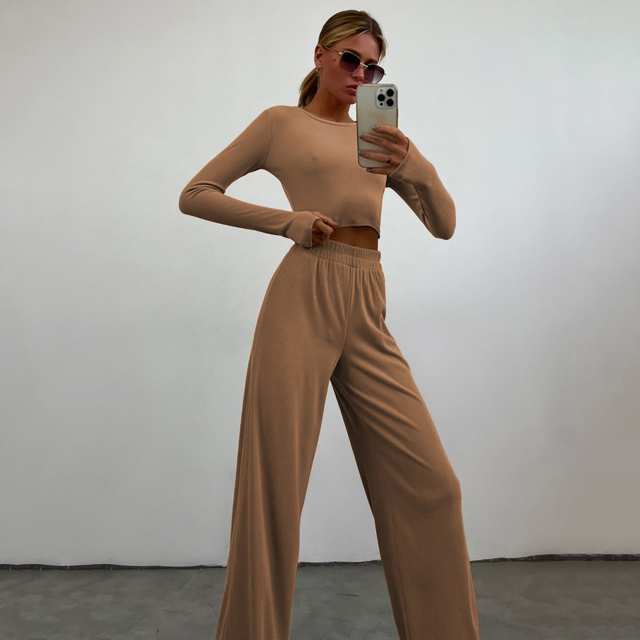 Damen nan eng anliegendes geripptes Cropped Longsleeve mit elastischer Highwaist-Loungehose Set Echo Archiv