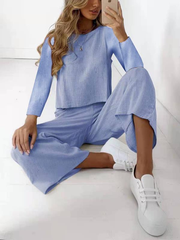 Damen Lässiges Leinenoptik-Zweiteiler Set mit Oversize-Langarmtop und weiter Palazzo-Hose – Élanora