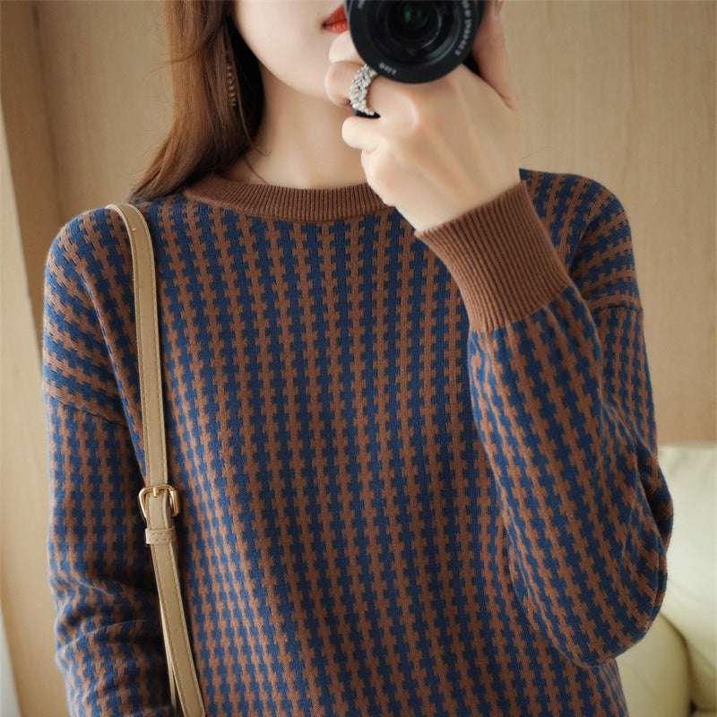 Damen Leichter Strukturstrick-Pullover mit Hahnentritt-Muster und breitem Rippbündchen Echoarchiv