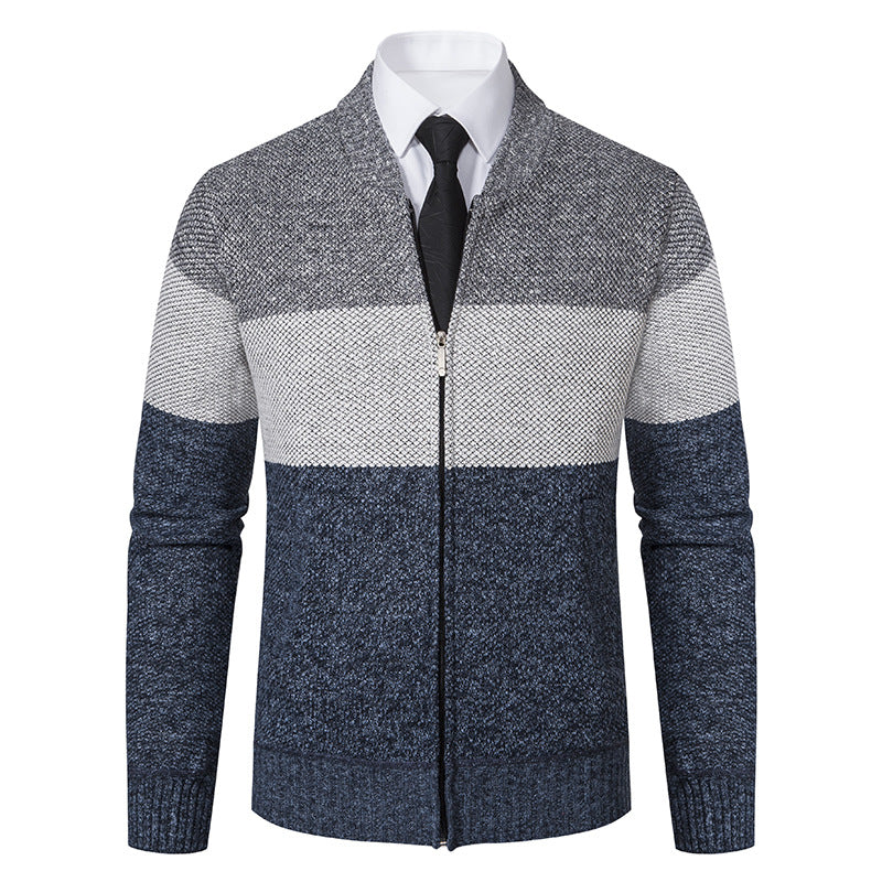 Herren Strukturierte Blockstreifen‑Strickjacke mit Frontzip, Stehkragen und Eingrifftaschen Echo Archiv