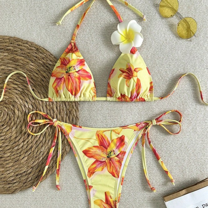 Damen Triangel-Bikini mit floralen Akzenten und verstellbaren Bindebändern Echo Archiv