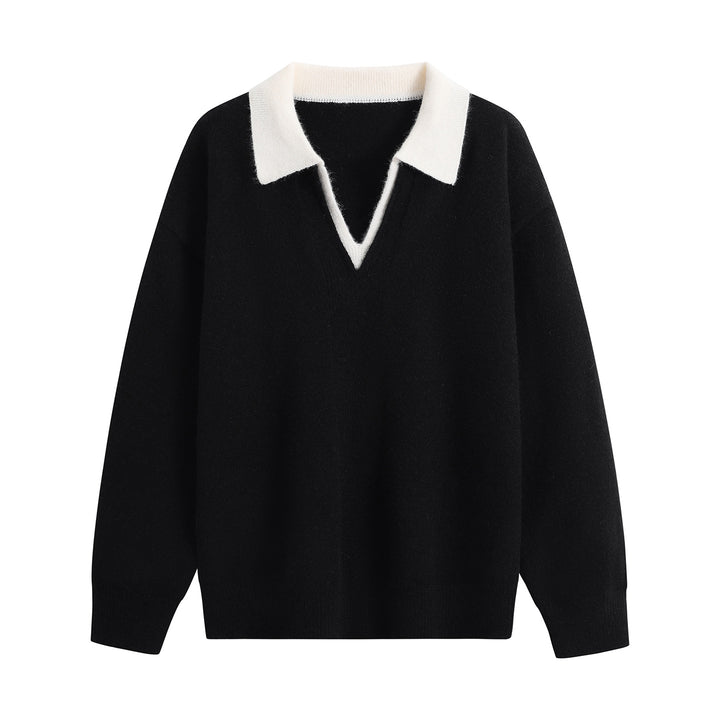 Damen Oversize-Polo-Strickpullover aus weichem Wollmix mit kontrastkragen und tiefem V-Ausschnitt Echoarchiv