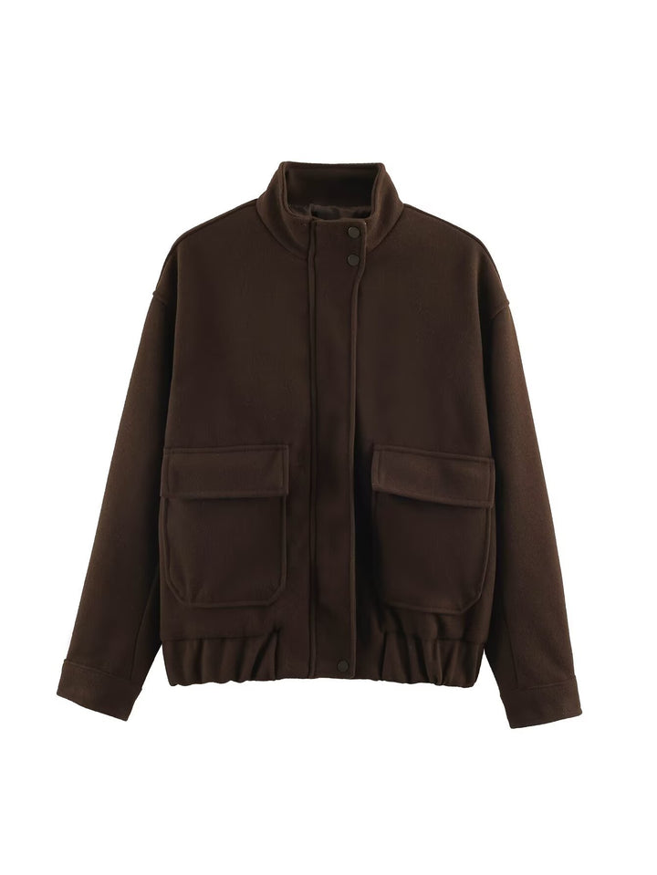 Damen Boxy Wollmix‑Blousonjacke mit Stehkragen, großen Pattentaschen und elastischem Saum Echo Archiv