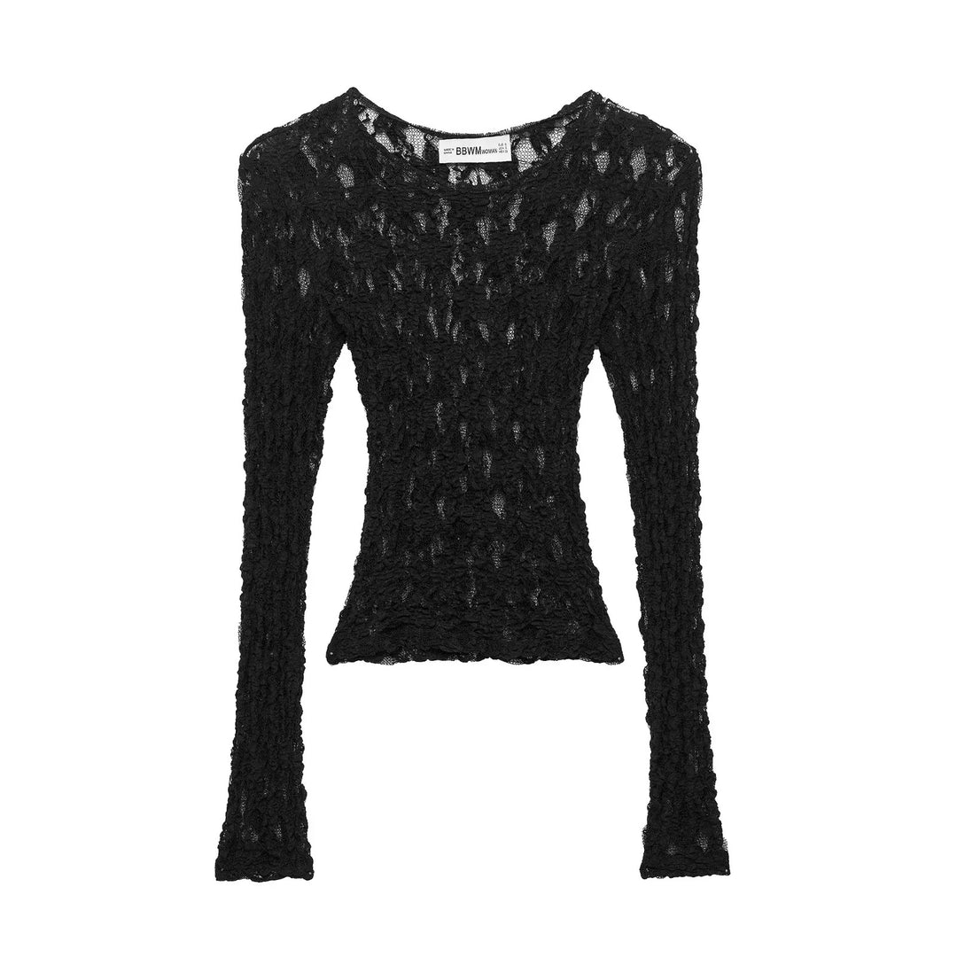 Damen semitransparentes Spitzenshirt langarm Slim-Fit mit Muschelkante – Élovi