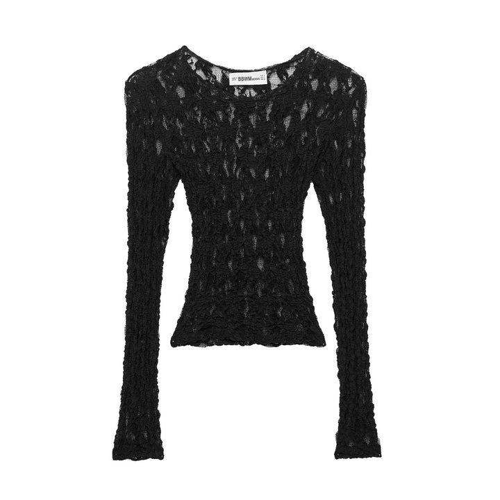 Damen semitransparentes Spitzenshirt langarm Slim-Fit mit Muschelkante – Élovi