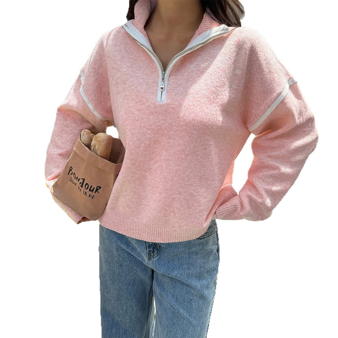Damen oversized Strickpullover mit halbem Reißverschluss, Kontrastpaspeln und überschnittener Schulter – Mavelle