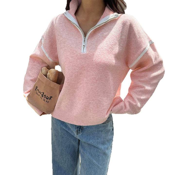 Damen oversized Strickpullover mit halbem Reißverschluss, Kontrastpaspeln und überschnittener Schulter – Mavelle