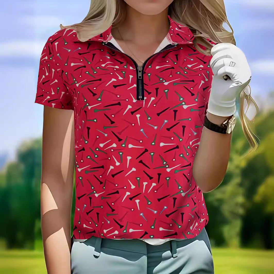 Damen Golfshirt mit modernem Muster und funktionalem Reißverschluss Echoarchiv