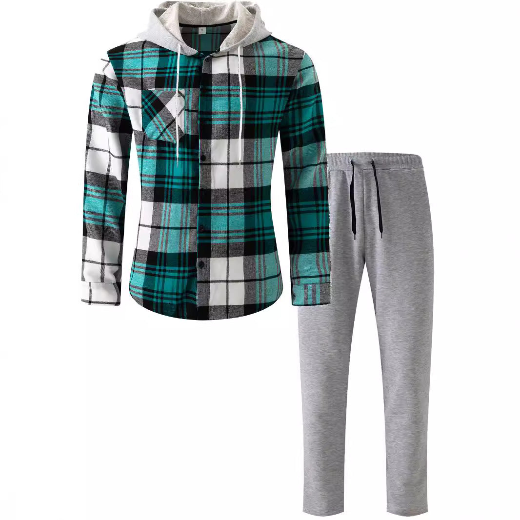 Herren lässiges Flanell-Hemd mit Kapuze und Jogginghose Set Echoarchiv