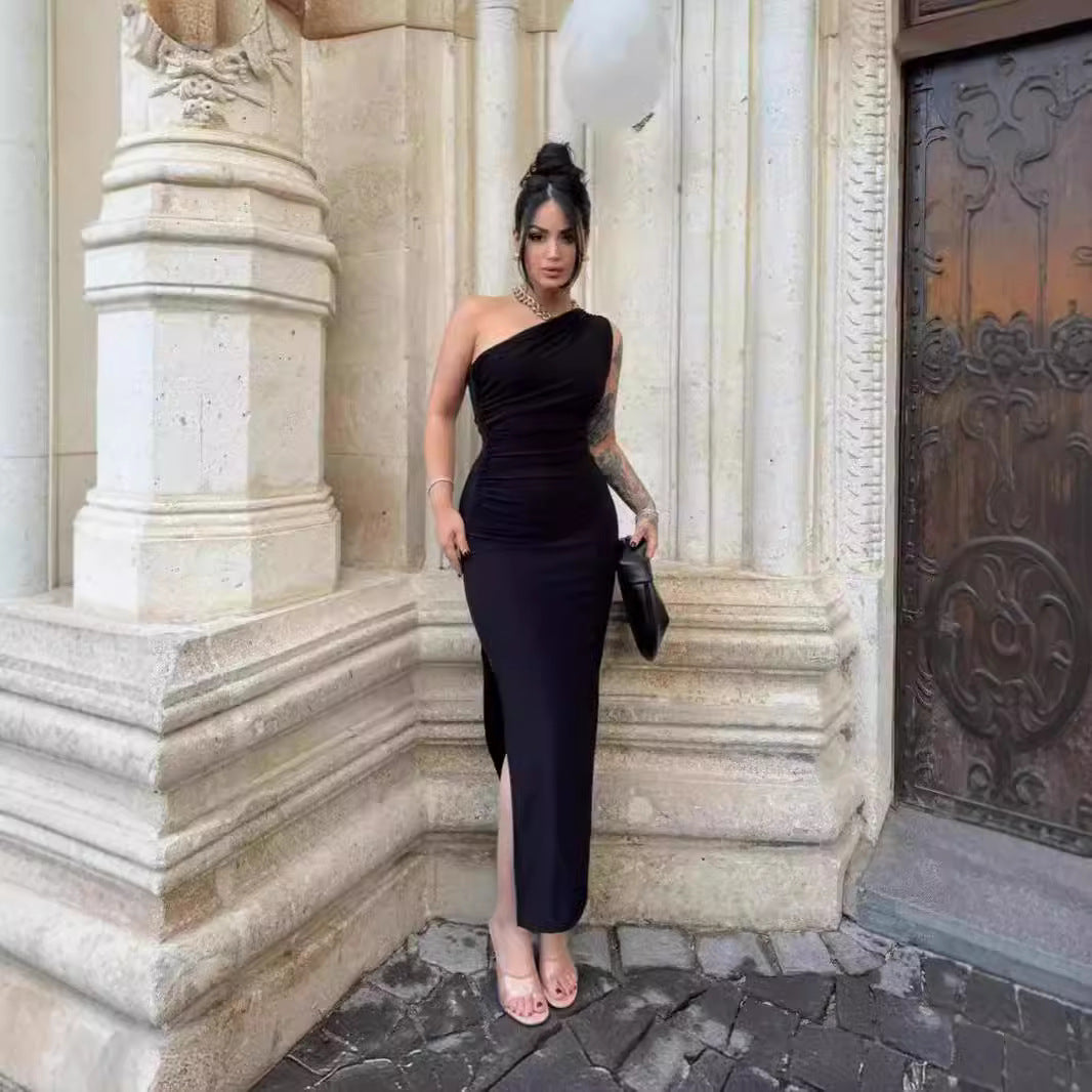 Damen elegantes langärmliges Maxikleid mit asymmetrischem Ausschnitt und Rüschendetails Echo Archiv