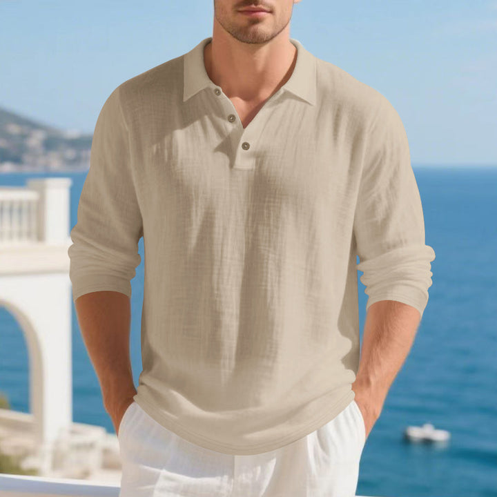 Herren elegantes Langarm-Henley-Shirt mit modischem Knopfdesign und strukturierter Oberfläche Echoarchiv