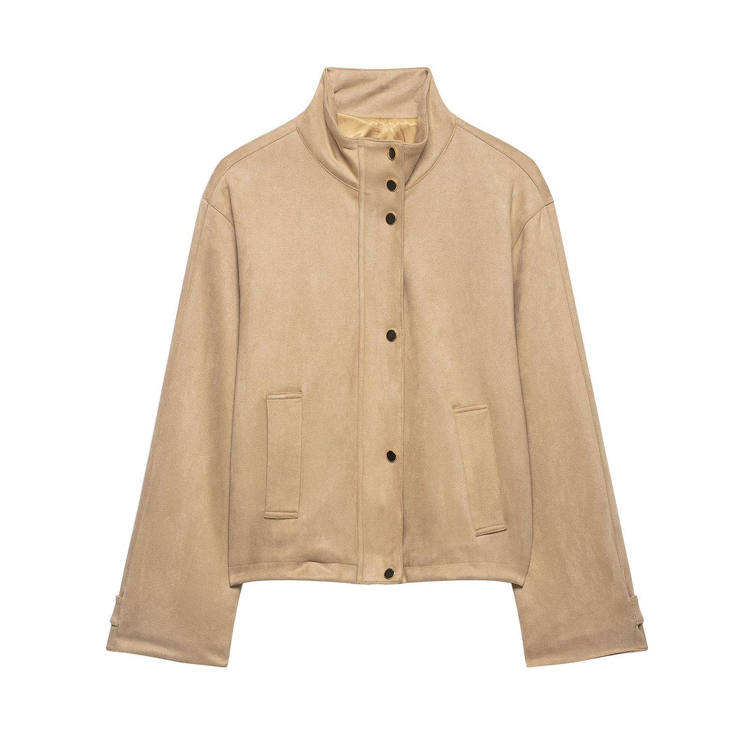 Damen Kurze Boxy-Jacke in Veloursoptik mit Stehkragen und Druckknopfleiste Echoarchiv