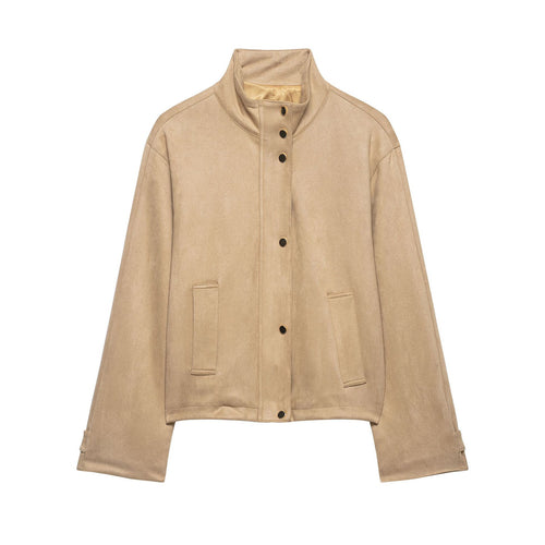 Damen Kurze Boxy-Jacke in Veloursoptik mit Stehkragen und Druckknopfleiste Echoarchiv