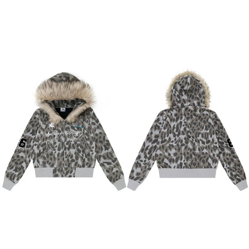 Damen Kapuzen-Sweatjacke mit Kunstfellbesatz, Leo-Allover und Reißverschluss Echoarchiv