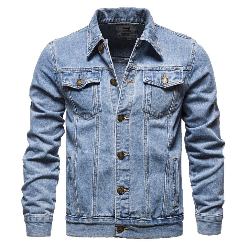 Herren nan taillierte Trucker-Denimjacke mit Pattentaschen, Metallknopfleiste und kontrastierenden Nähten Echo Archiv