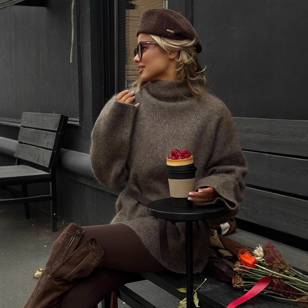 Damen Oversize Mohair-Mix Rollkragen-Pulloverkleid mit Ballonärmeln und Taillengürtel Echoarchiv