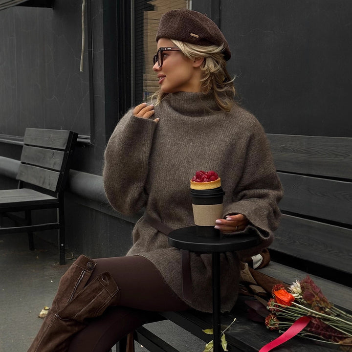 Damen Oversize Mohair-Mix Rollkragen-Pulloverkleid mit Ballonärmeln und Taillengürtel Echoarchiv