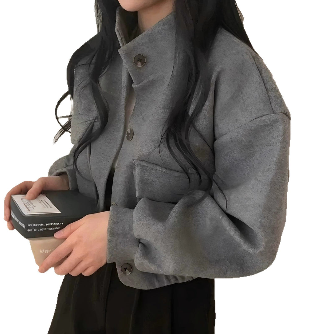 Damen Kurze Oversize-Wolloptik-Jacke mit Stehkragen und Ballonärmeln – Célinea