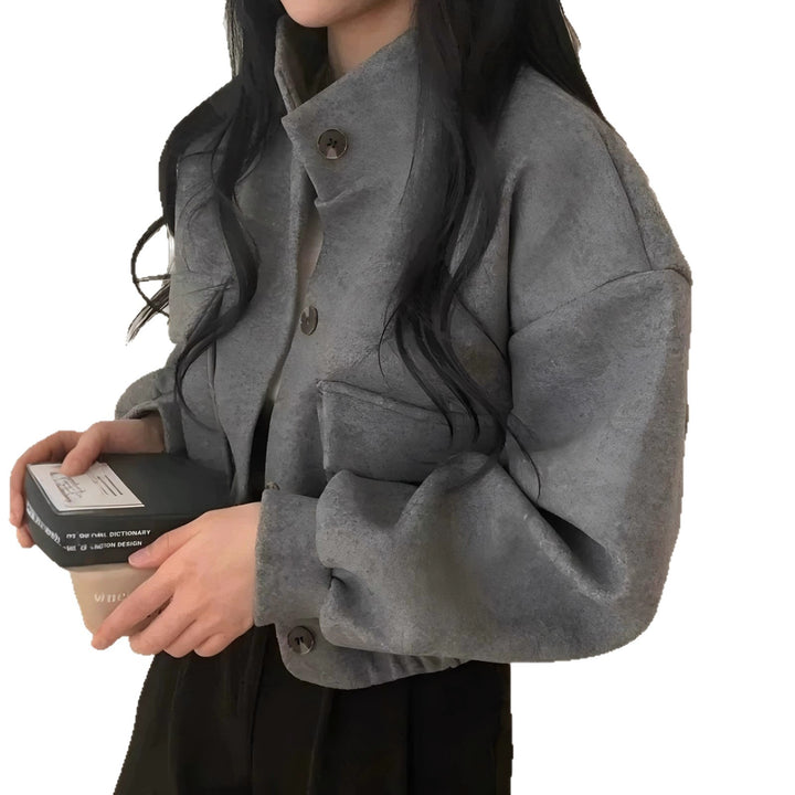 Damen Kurze Oversize-Wolloptik-Jacke mit Stehkragen und Ballonärmeln – Célinea