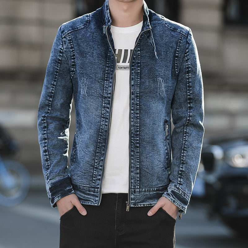 Herren Jeansjacke im Vintage-Washed Slim-Fit mit Stehkragen und Reißverschluss – Denvaro