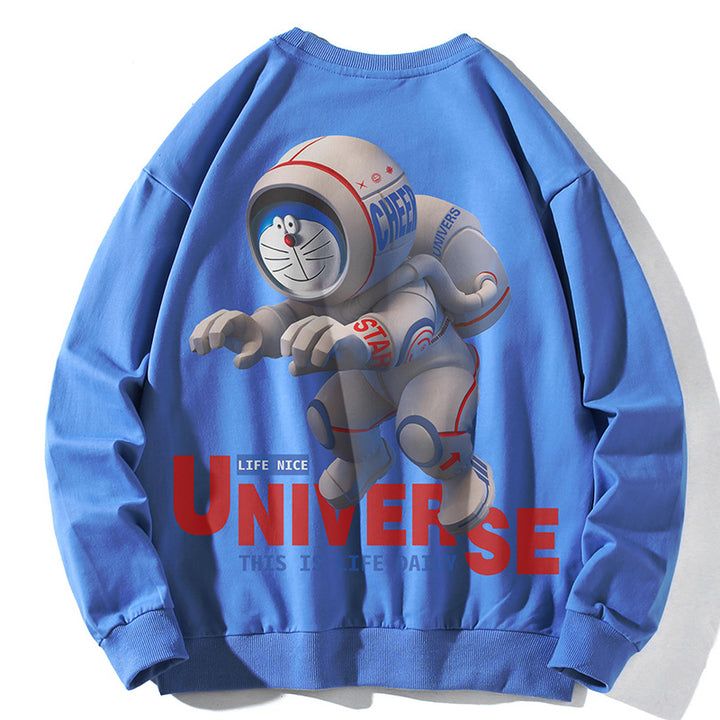 Unisex Oversize Pullover mit Cartoon-Astronauten-Frontprint, Rundhalsausschnitt und Rippbündchen – Auréline