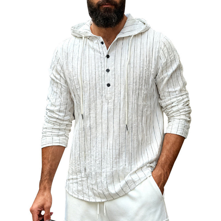 Herren nan Kapuzenshirt aus Leinenmix mit halber Knopfleiste und Nadelstreifen Echo Archiv
