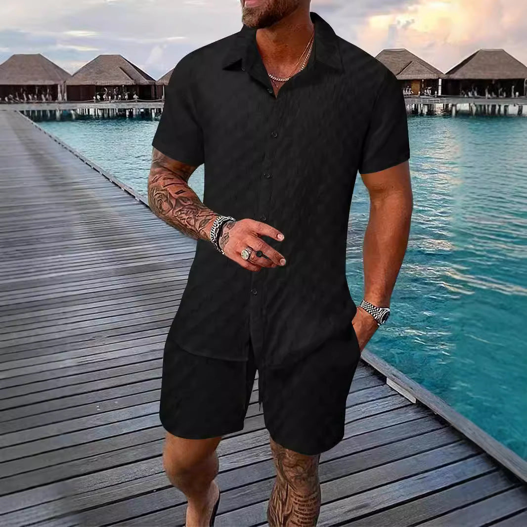 Herren lässiges Hemd mit strukturiertem Design und passenden Shorts Echoarchiv