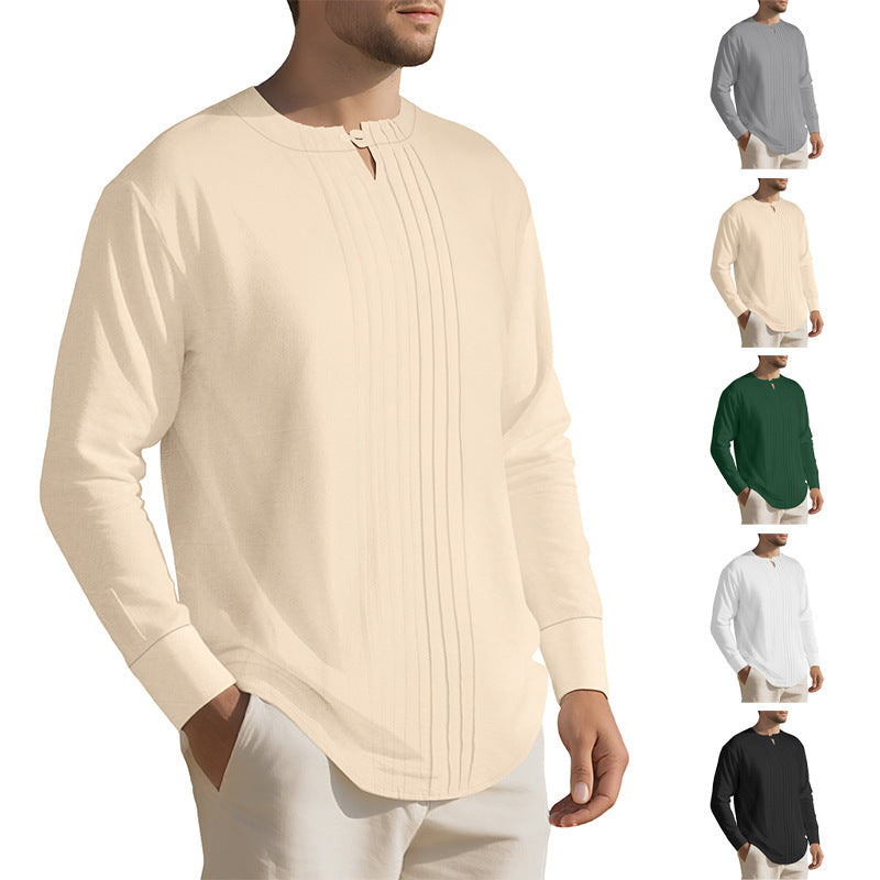 Herren Leichtes Langarmshirt im Leinenlook mit Stehkragen, Kellerfalten und Schlaufenverschluss Echoarchiv