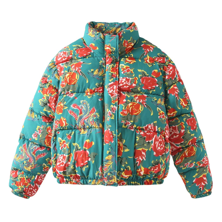 Damen nan gesteppte Daunenoptik Steppjacke mit floralem Alloverprint, Stehkragen und elastischem Saum Echo Archiv