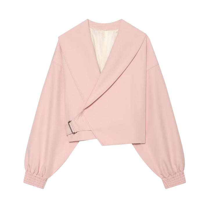 Damen Kurze Wickeljacke mit weitem Schalkragen, taillierendem Schnallenband und Ballonärmeln Echo Archiv