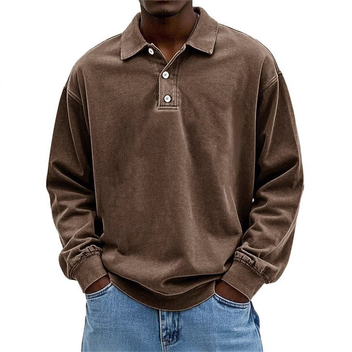 Herren Oversize Denim-Look Polo-Sweatshirt mit kurzer Knopfleiste und elastischen Bündchen EB