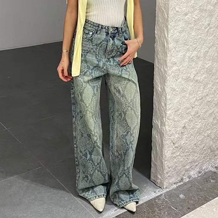 Damen nan hochgeschnittene Jeans mit Schlangenprint, weitem Bein und geradem Schnitt Echo Archiv